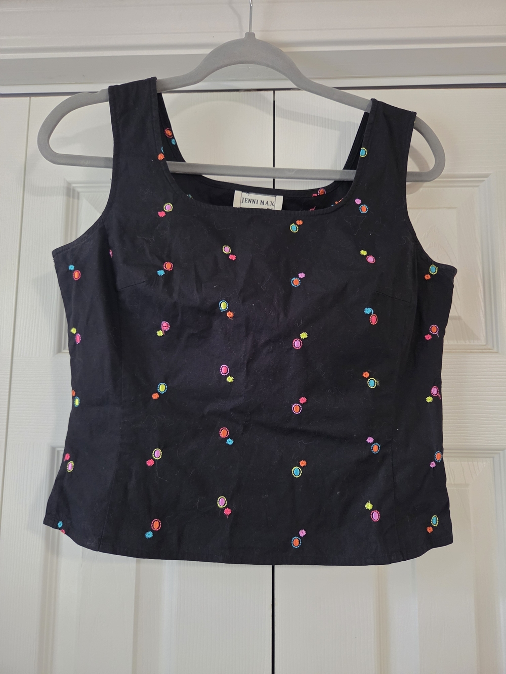 Vintage Jenni Max Black Tank Top with Neon Circles Embroidery